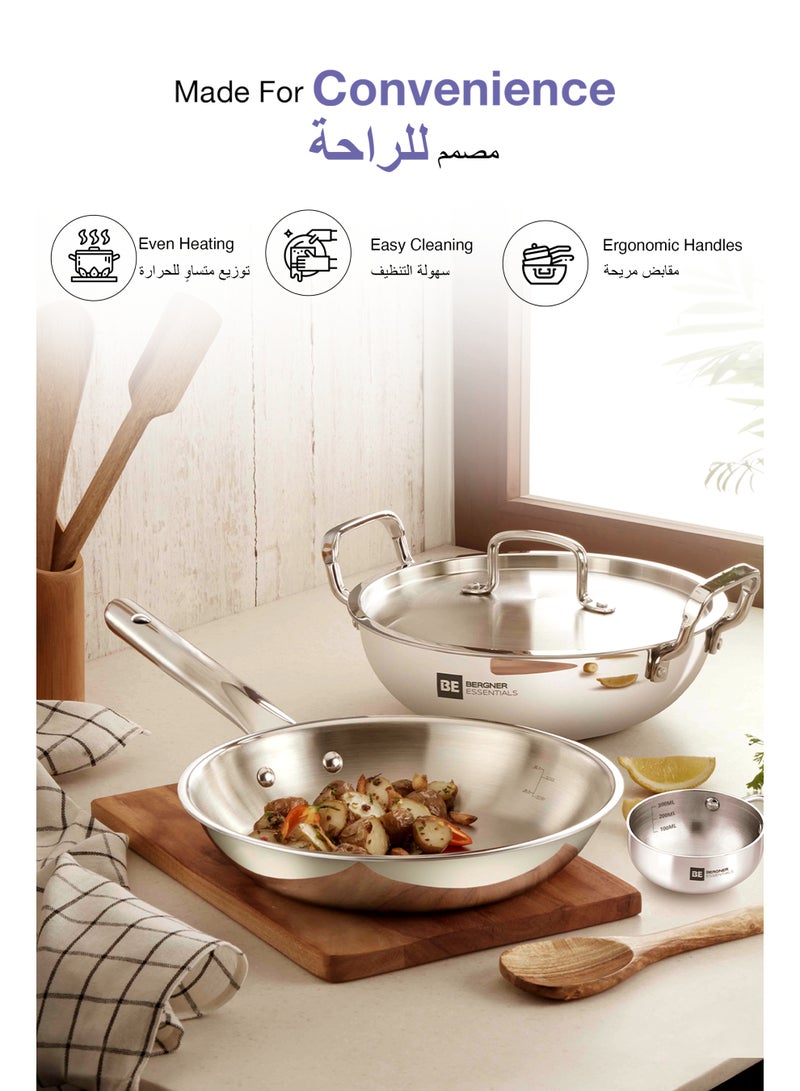 بيرجنر طقم أواني بيرغنر تراي برو 4 قطع فولاذ ثلاثي الطبقات: مقلاة كاداي ووك عميقة 22سم بغطاء، مقلاة 22سم، مقلاة تادكا 10سم، طهي صحي بزيت أقل وتوزيع حراري متساوٍ، جاهز للاستخدام على مواقد الحث والغاز - Image 4